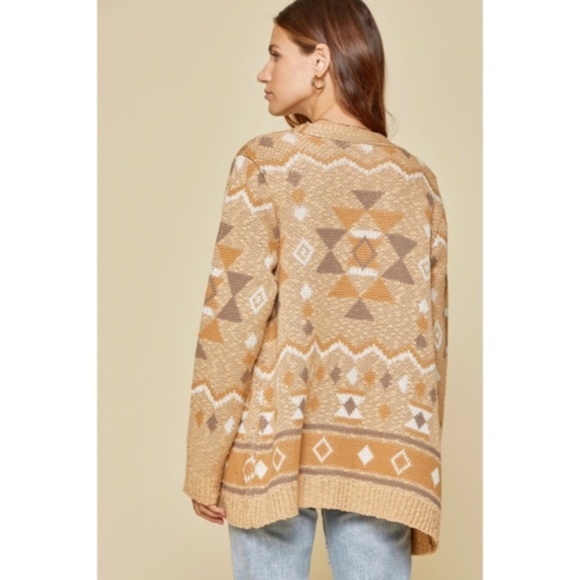 Taupe Gray Boho Aztec Open Cardigan Sweater - Picture 3 of 6